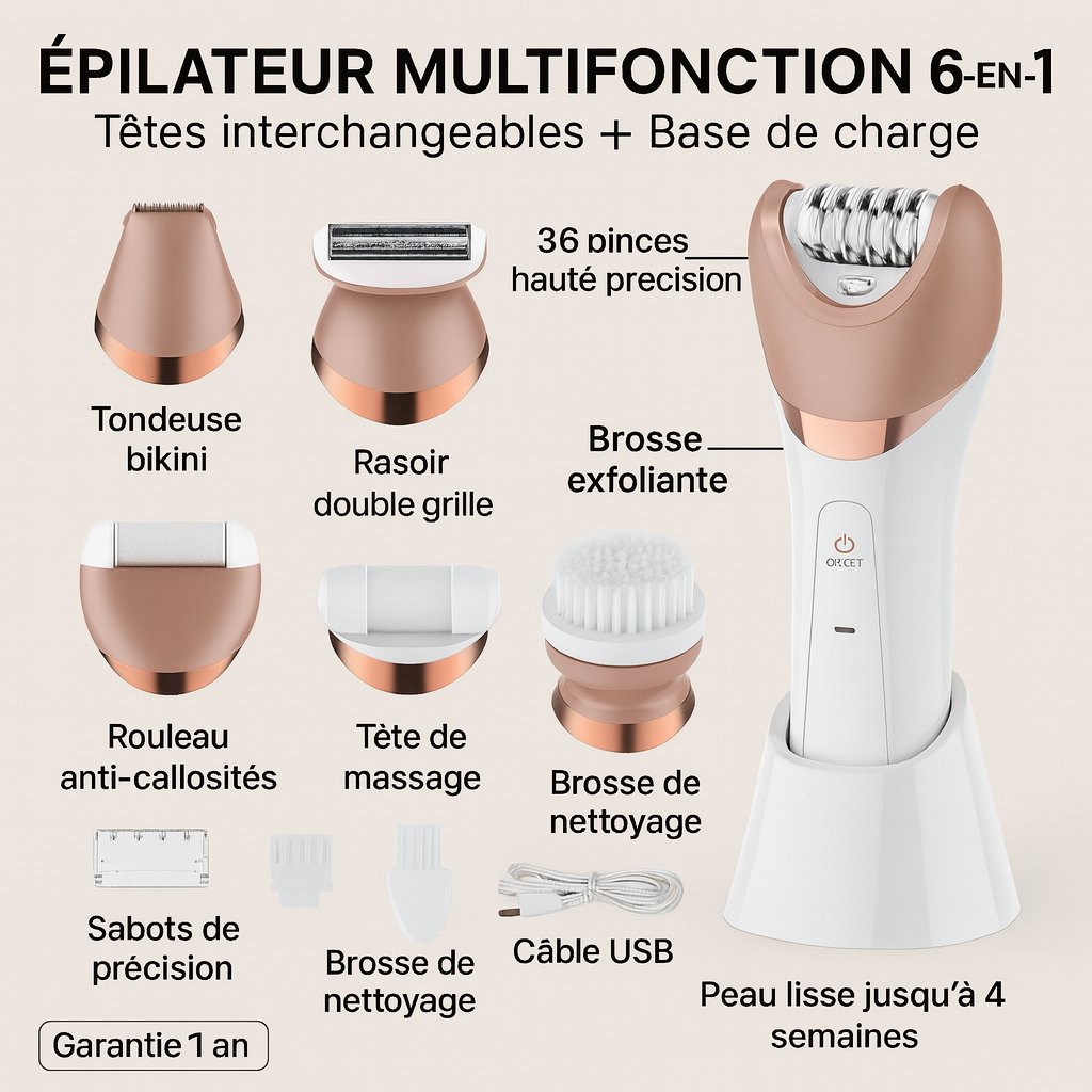 Épilateur Femme 6 en 1 Rechargeable – Rasoir Électrique Corps, Jambes, Visage & Aisselles | Étanche IPX7
