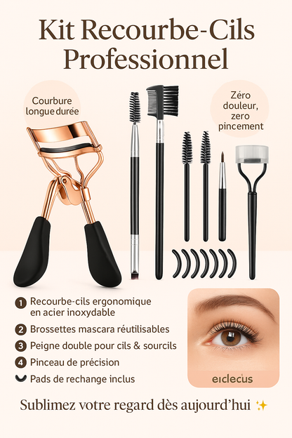 Kit Recourbe-Cils Professionnel 11/16 pièces – Pads de Remplacement, Pinceaux & Pinces à Épiler – Pour des Cils Longs et Courbés Toute la Journée