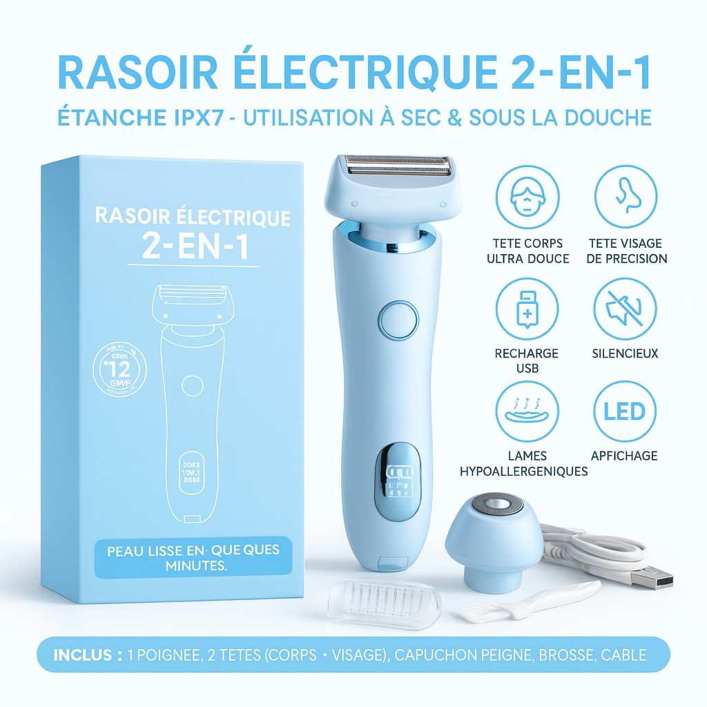 Rasoir Électrique Femme 2 en 1 – Tondeuse Bikini & Visage | Épilation Douce Corps & Aisselles Étanche IPX7